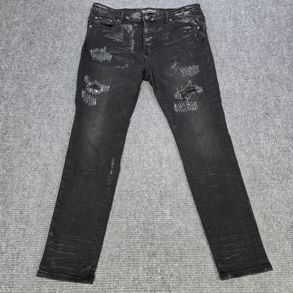 Valabasas Jeans Mens 38x32 Black Distressed Button Fly Paint Splatter Denim